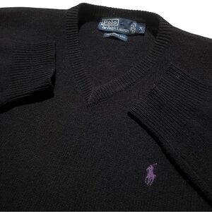 Polo Ralph Lauren VTG 100% Lambswool Wool Sweater Mens Sz M Black Pony V Neck